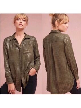 Anthropologie Olive Sequin Grid Button-Down Shirt